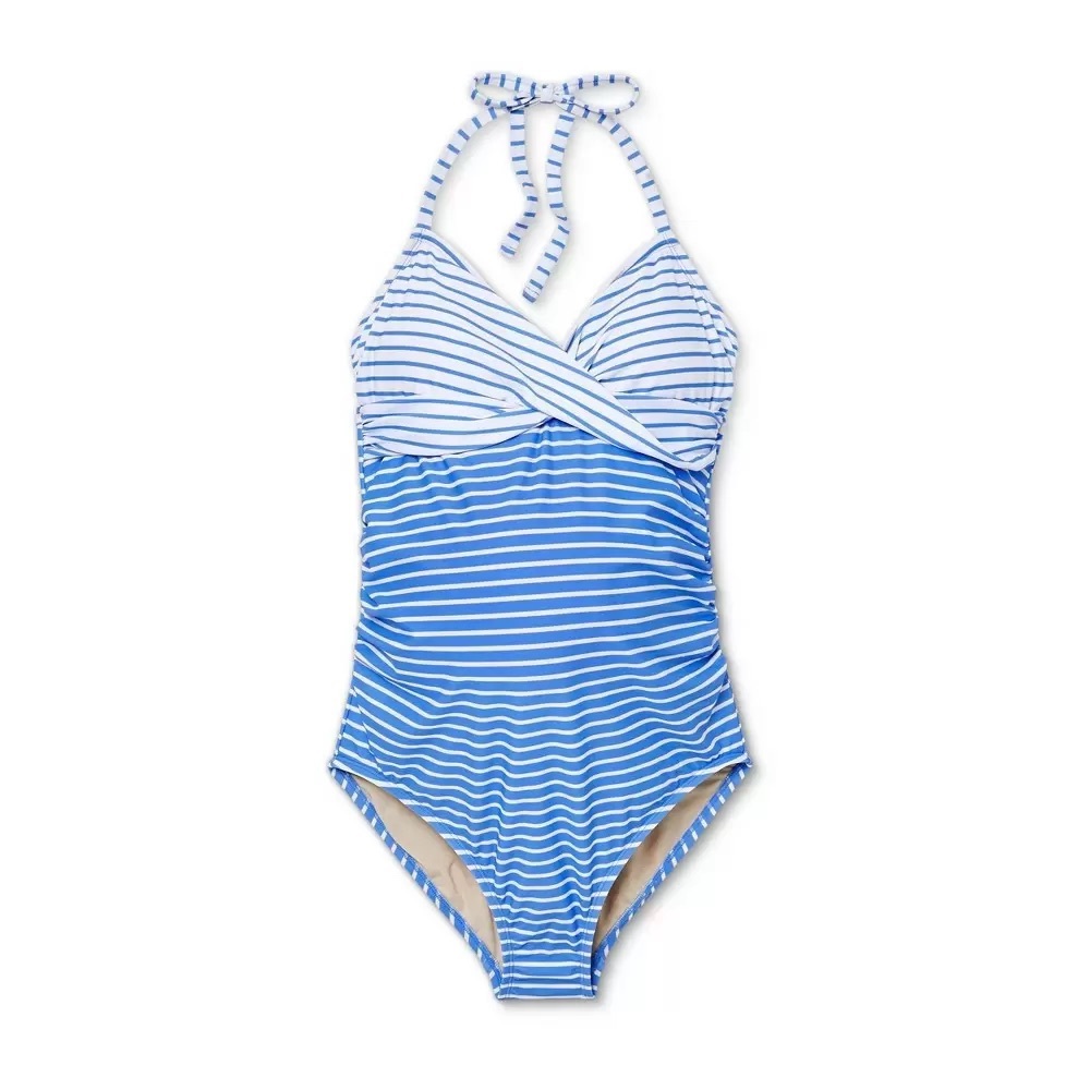 Isabel Maternity by Ingrid & Isabel Wrap Front Halter Swimsuit XXL Blue Stripe
